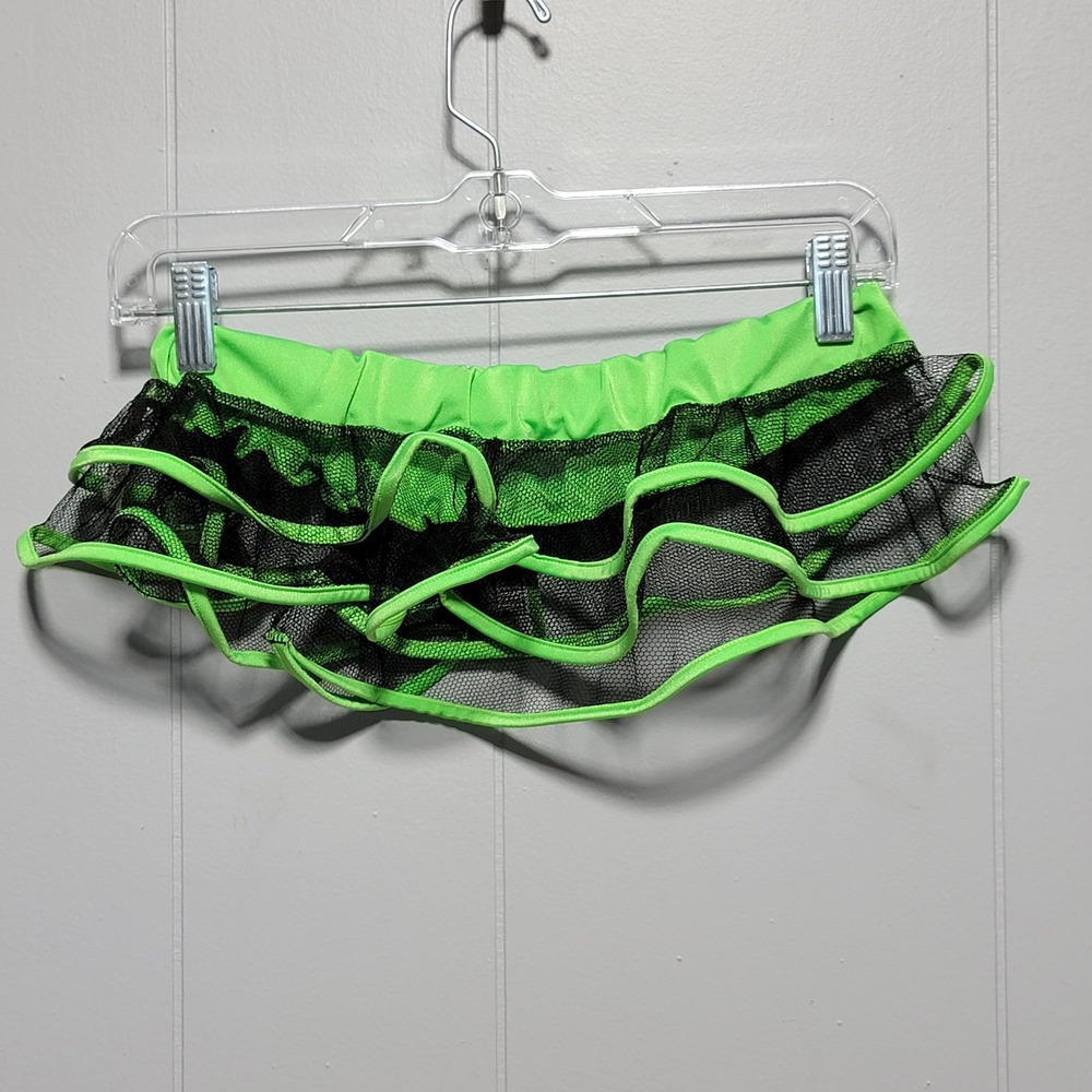 Fusions by Escante Lime Green Black Mesh Tiered Rave Micro Mini Skirt 1506 OS